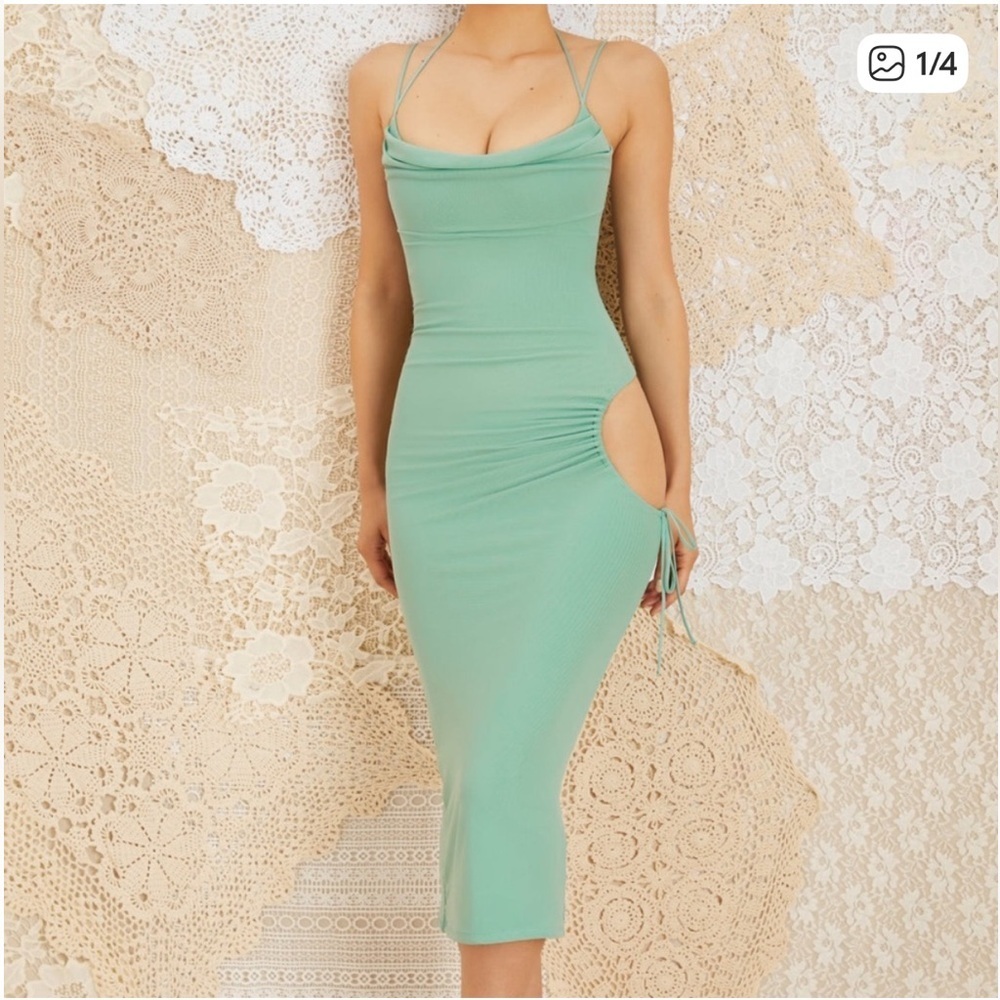Oh Polly Mint Green Cut-Out Hip Midi Dress US4